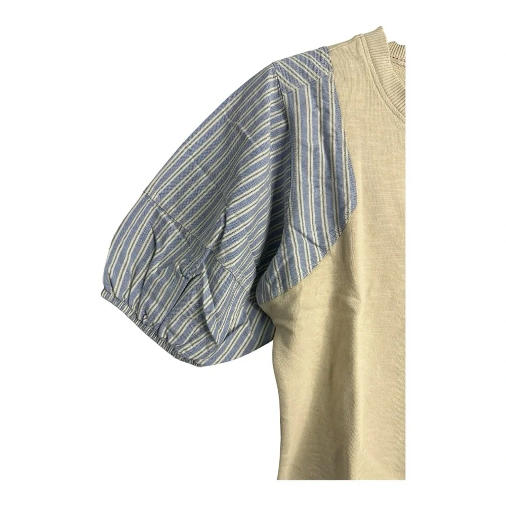 Pilcro Woven Crewneck Puff-Sleeve Top in Beige and‎ Blue Stripe XS NWT - Picture 7 of 14
